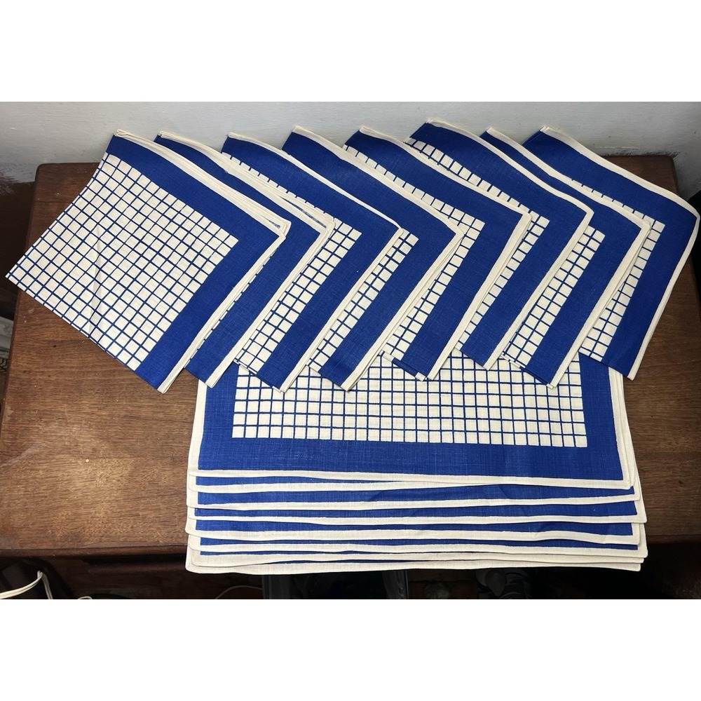 NOS 16 Pc Total (8x8) Vtg Irish Linen Table Set Blue White Mod Decor Core Napkin